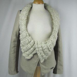 Desigual Cardigan Sweater Jacket Tan Wool Blend Faux Fur Lined Women EU 38 US 6